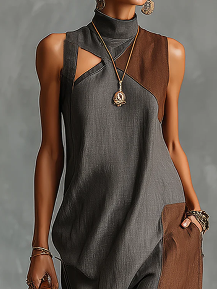 Fashionable Color-blocked Linen-cotton Maxi Dress