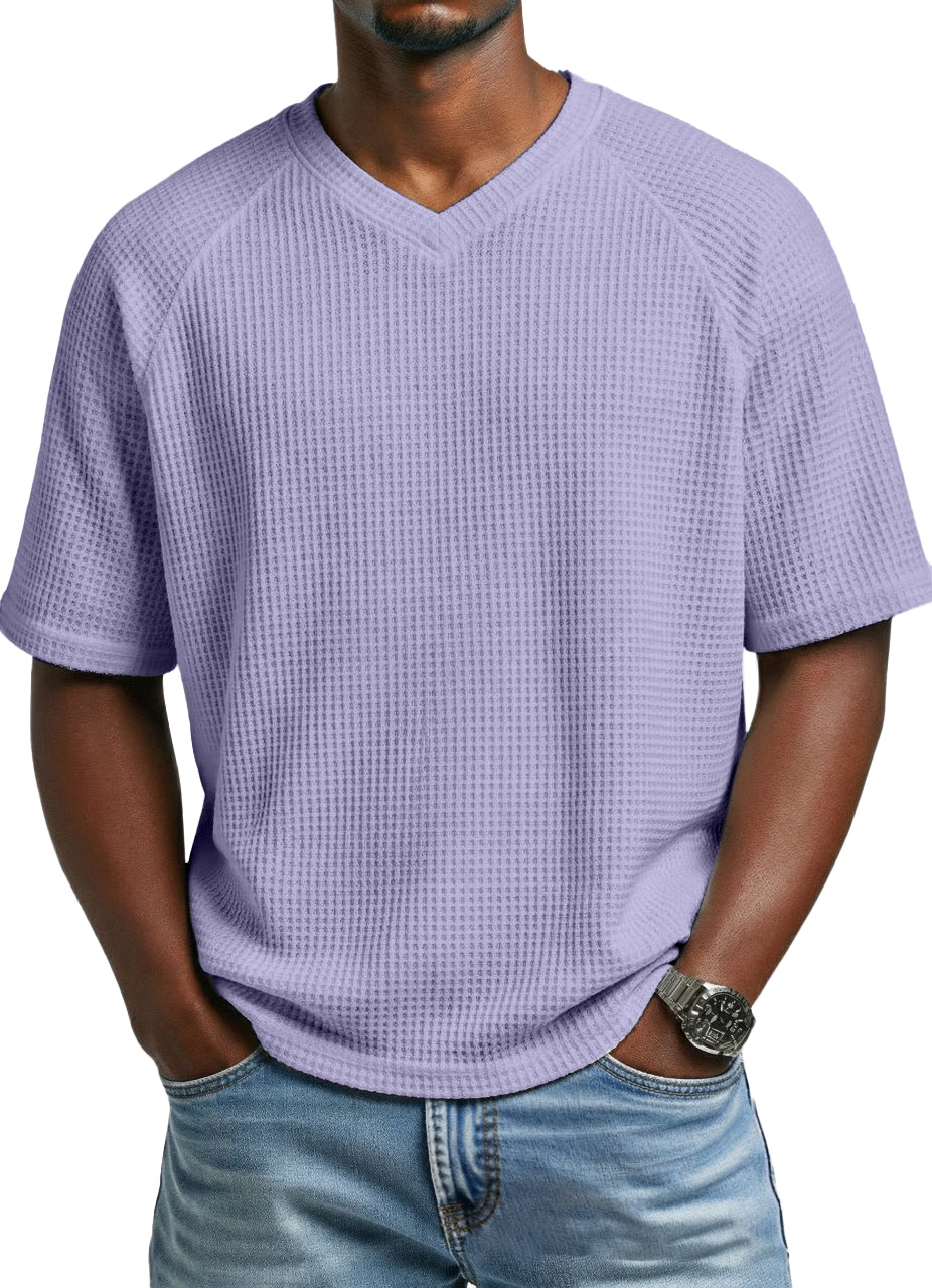 Men's fashionable waffle-knit raglan sleeve V-neck short-sleeved T-shirt