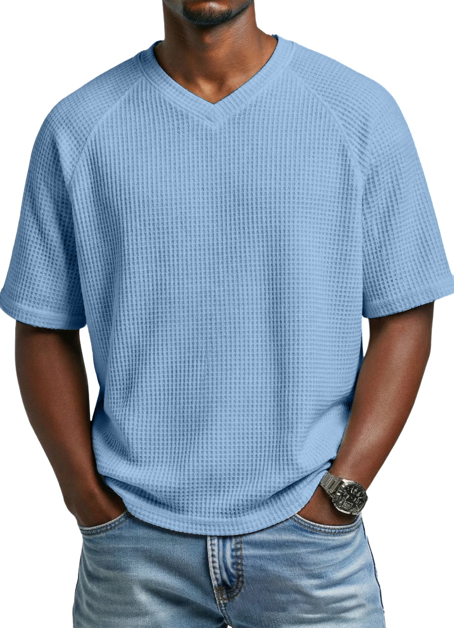 Men's fashionable waffle-knit raglan sleeve V-neck short-sleeved T-shi