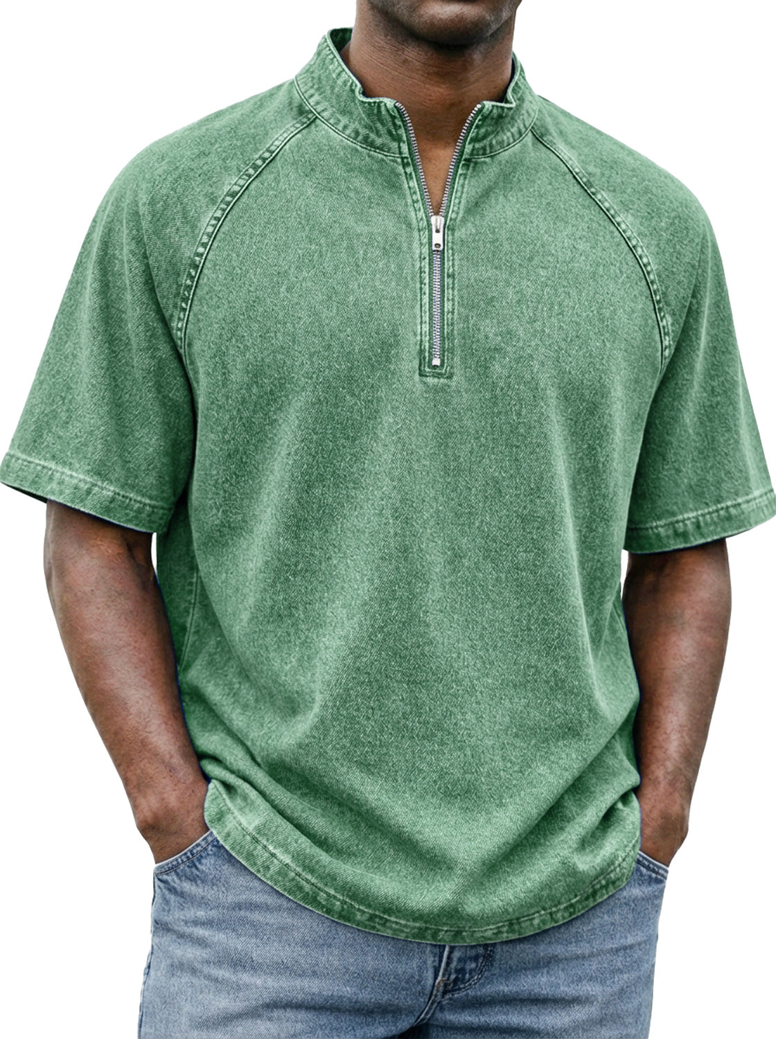 Men's Retro Raglan Sleeve Stand-collar Zip-up Casual Short-sleeved T-shirt