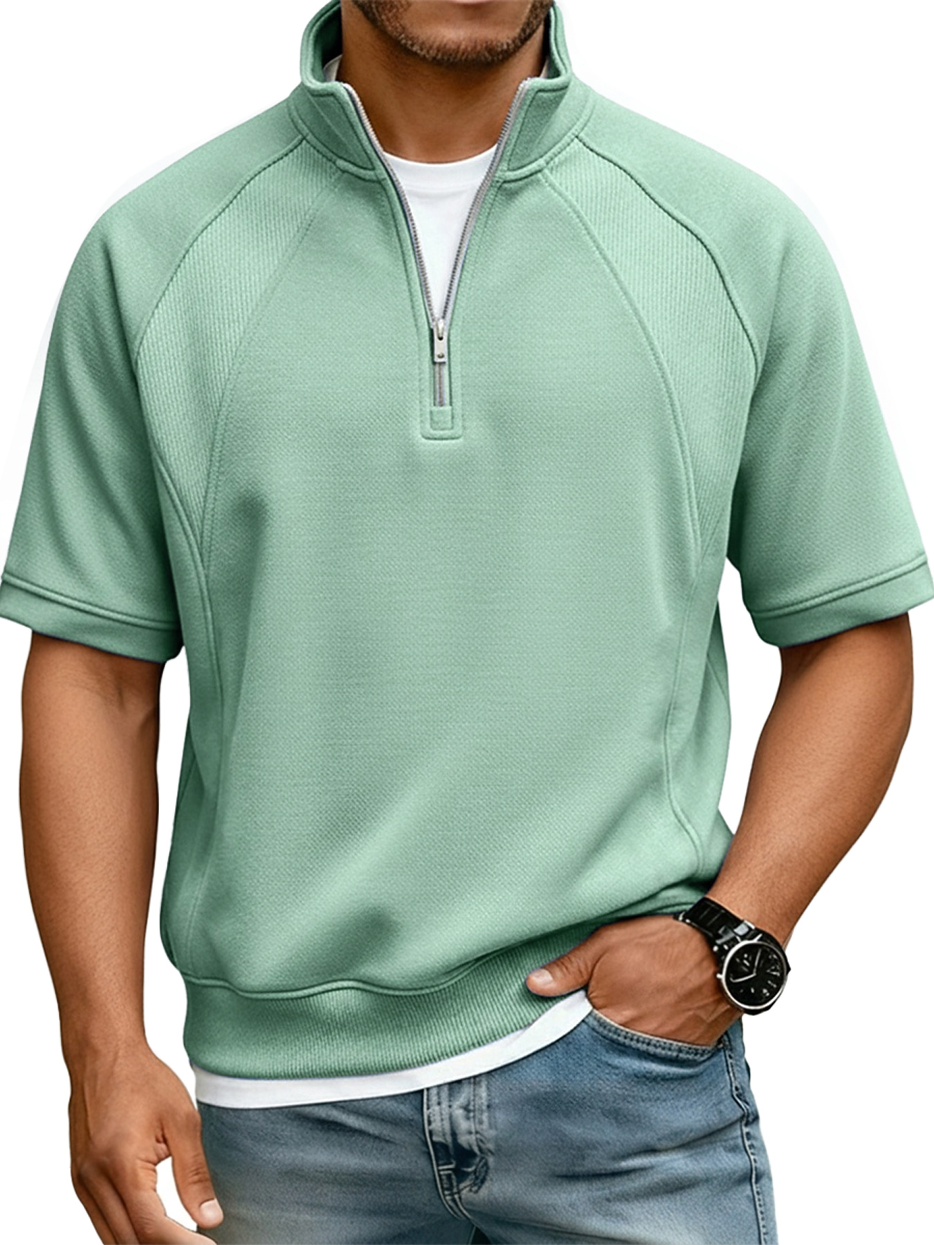 Men's Casual Deconstructed Design Stand Collar Zipper Short Sleeve T-Shirt