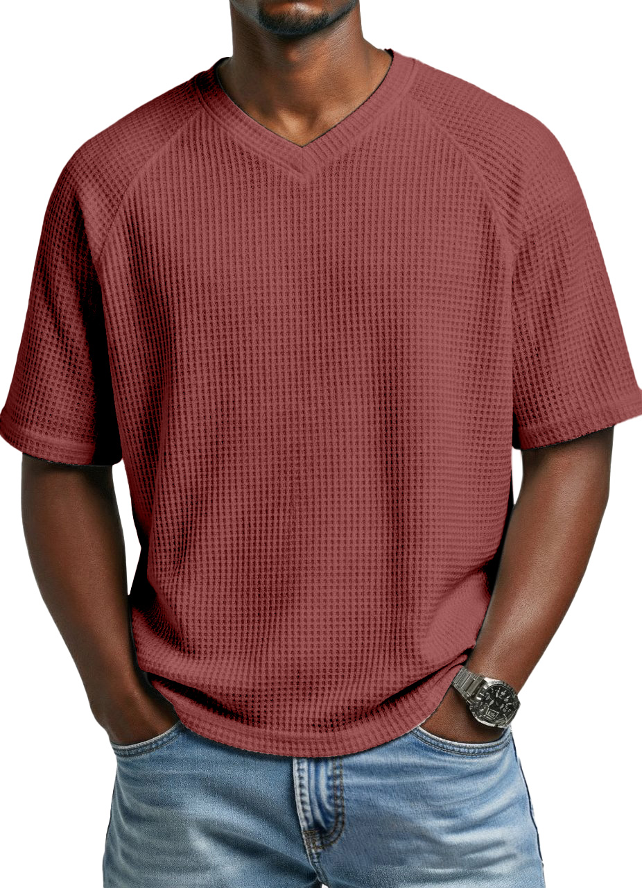 Men's fashionable waffle-knit raglan sleeve V-neck short-sleeved T-shirt