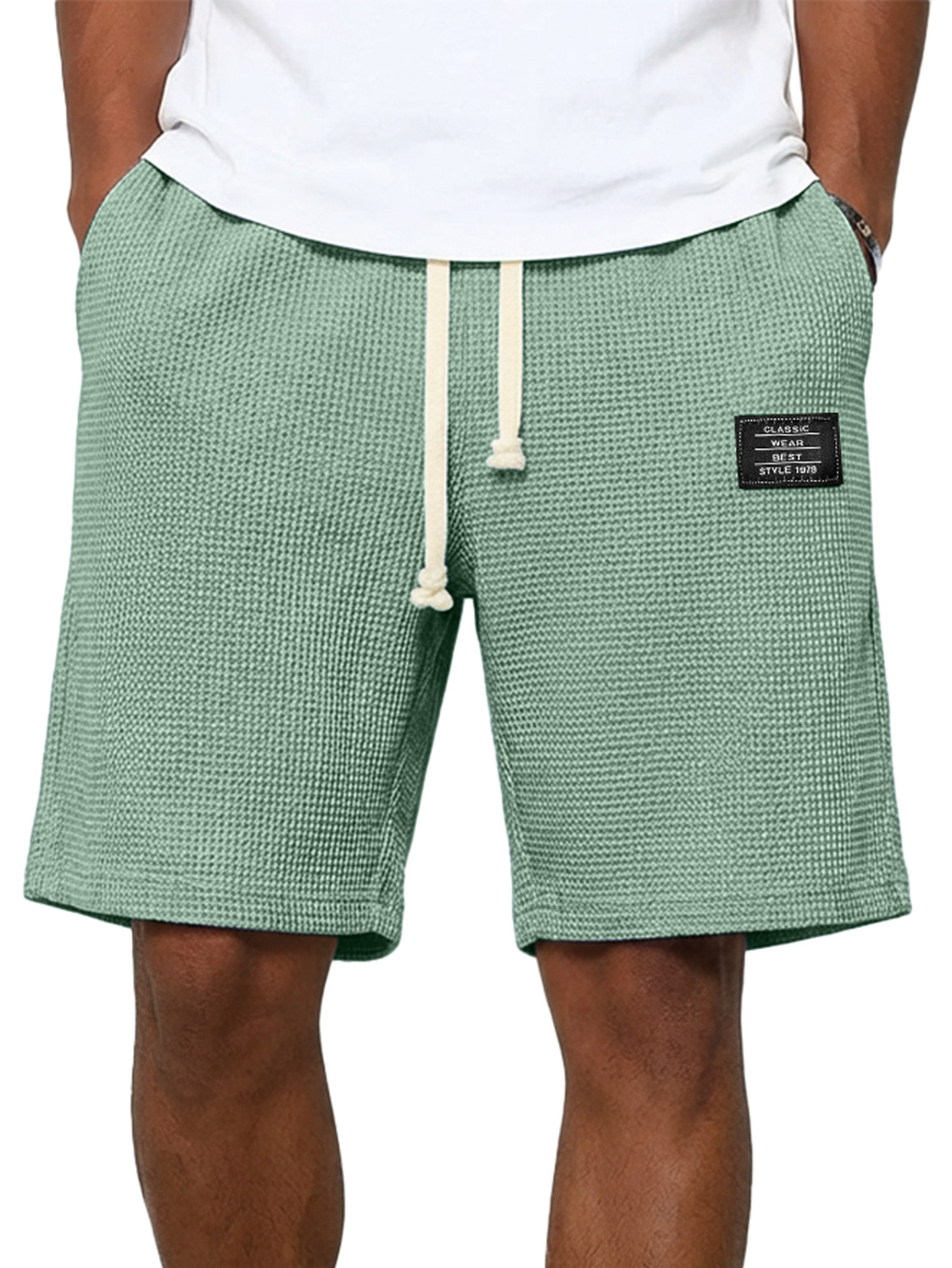 Men's Simple Waffle Embroidered Logo Casual Solid Color Shorts
