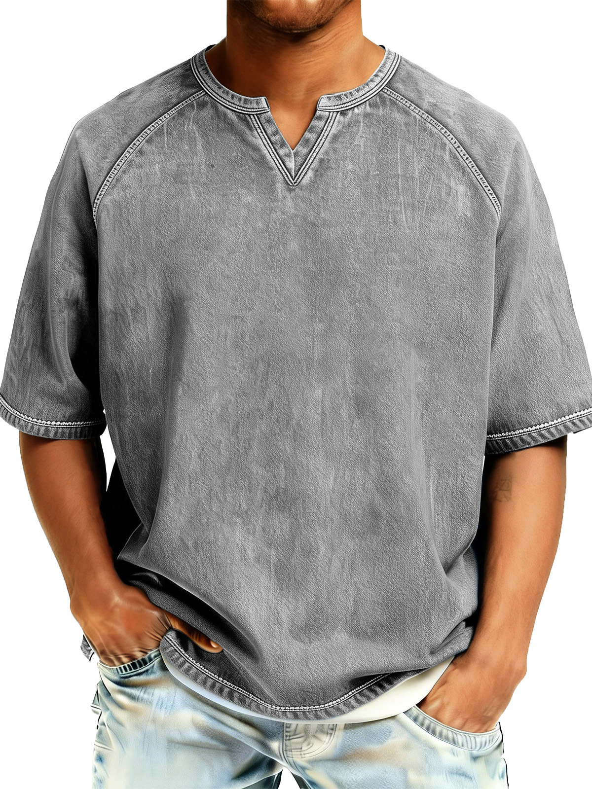 Men's Retro Distressed Raglan V-Neck Short-Sleeve T-Shirt