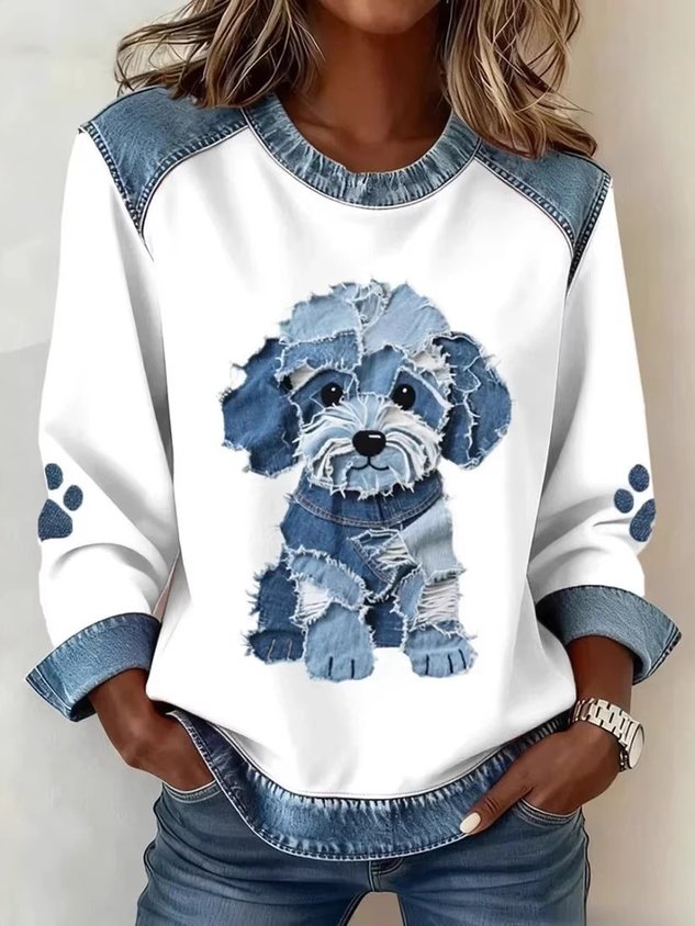 Women’s Denim Color Block Animal Print Crewneck Sweatshirt
