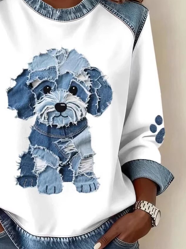 Women’s Denim Color Block Animal Print Crewneck Sweatshirt