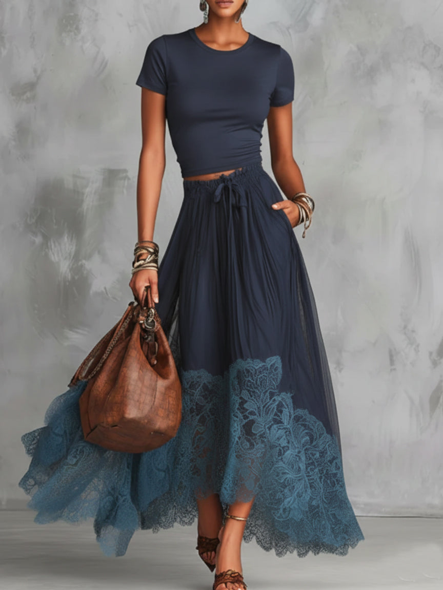 Stylish Stretch T-shirt And Lace-trimmed Skirt Two-piece Set