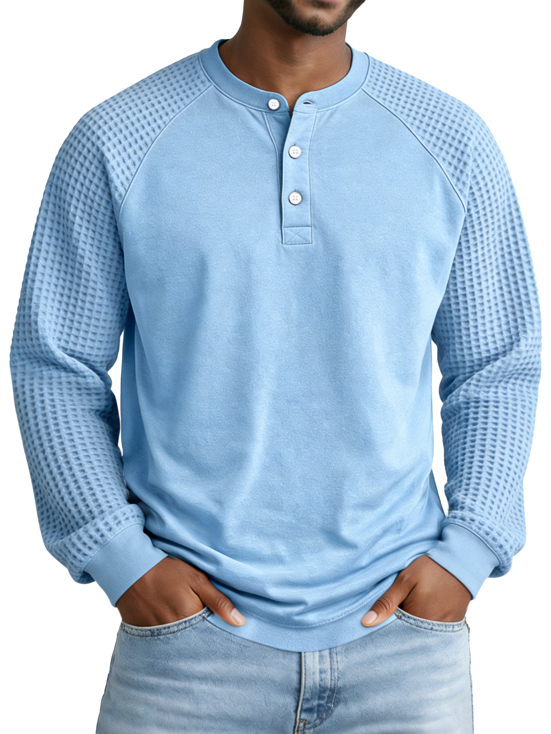 Men's Casual Simple Waffle Knit Panel Henley Collar Raglan Long-sleeve Polo Shirt