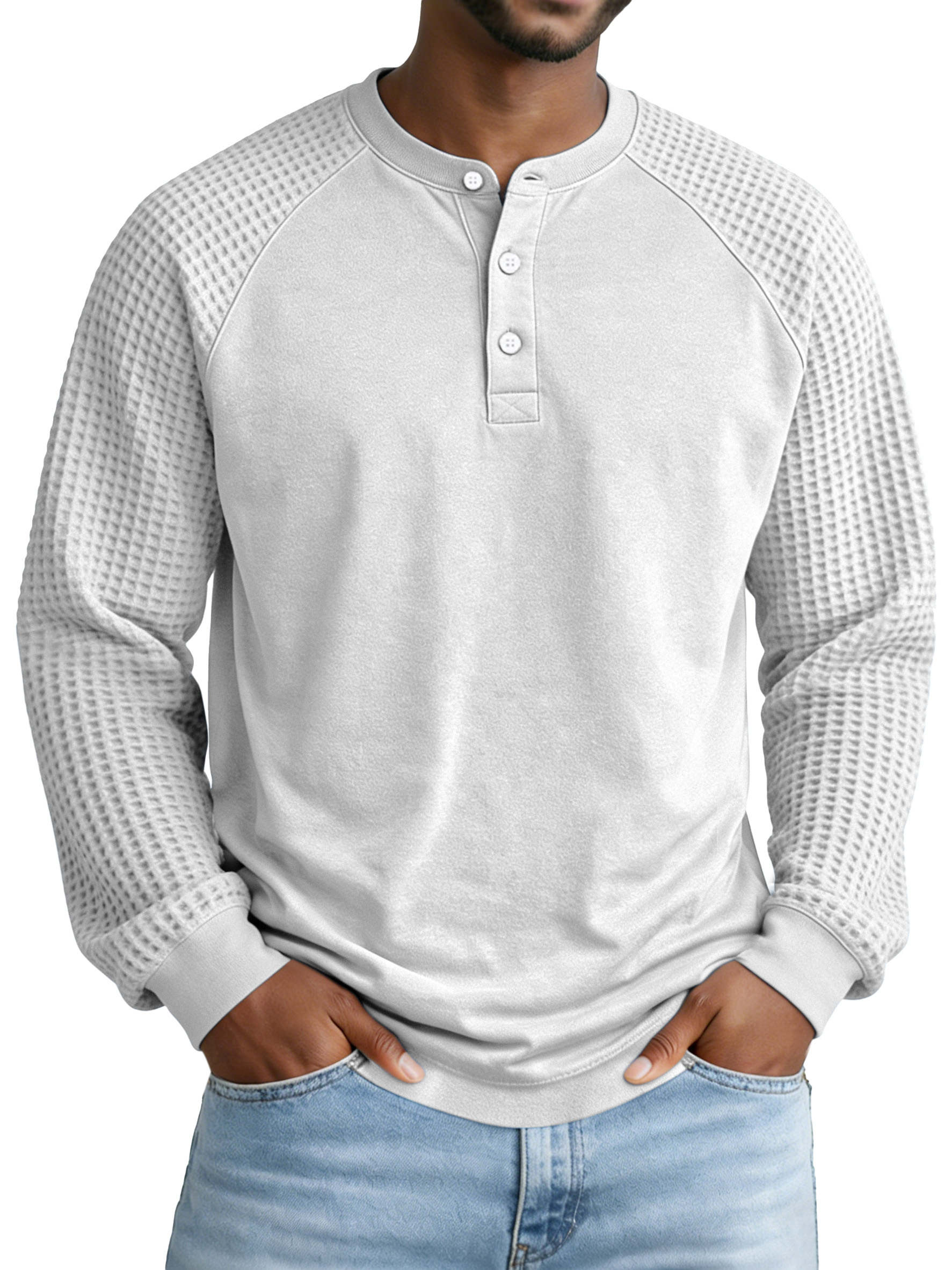 Men's Casual Simple Waffle Knit Panel Henley Collar Raglan Long-sleeve Polo Shirt