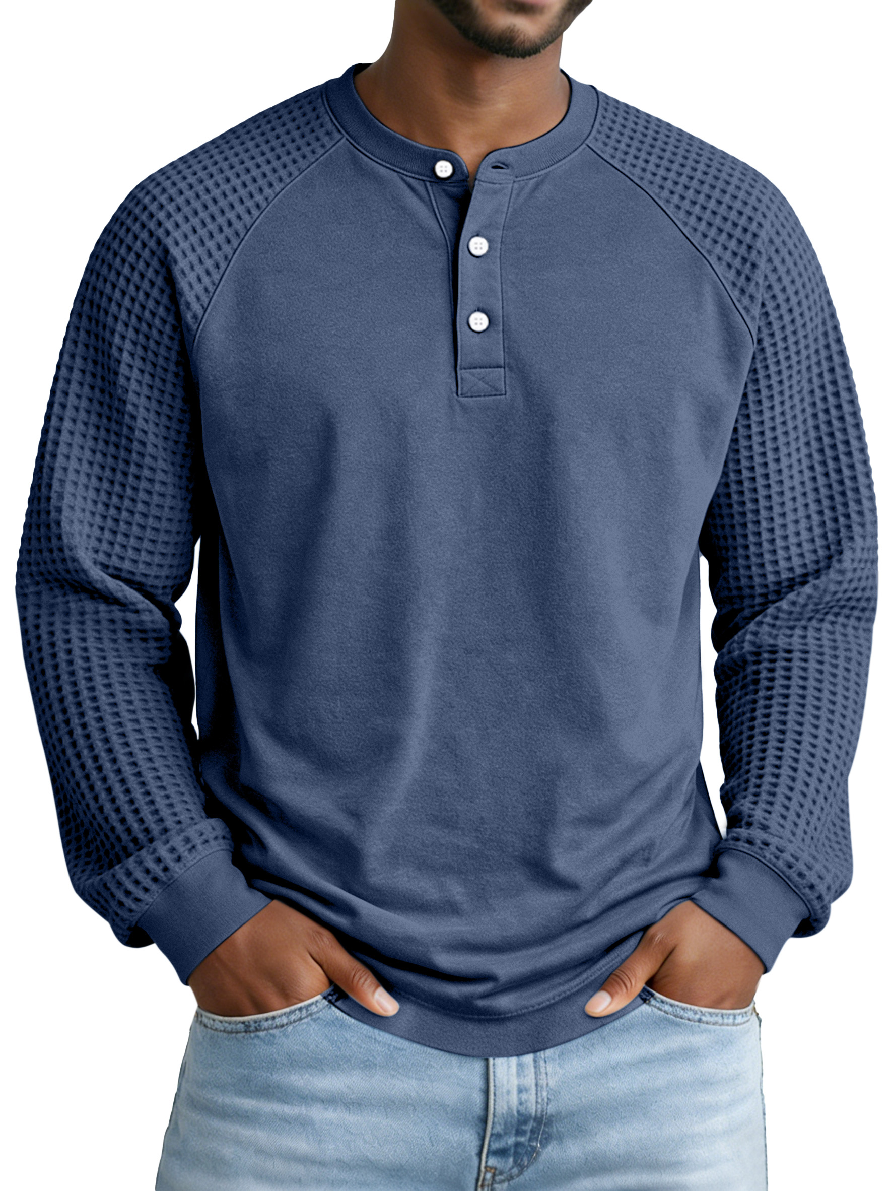 Men's Casual Simple Waffle Knit Panel Henley Collar Raglan Long-sleeve Polo Shirt