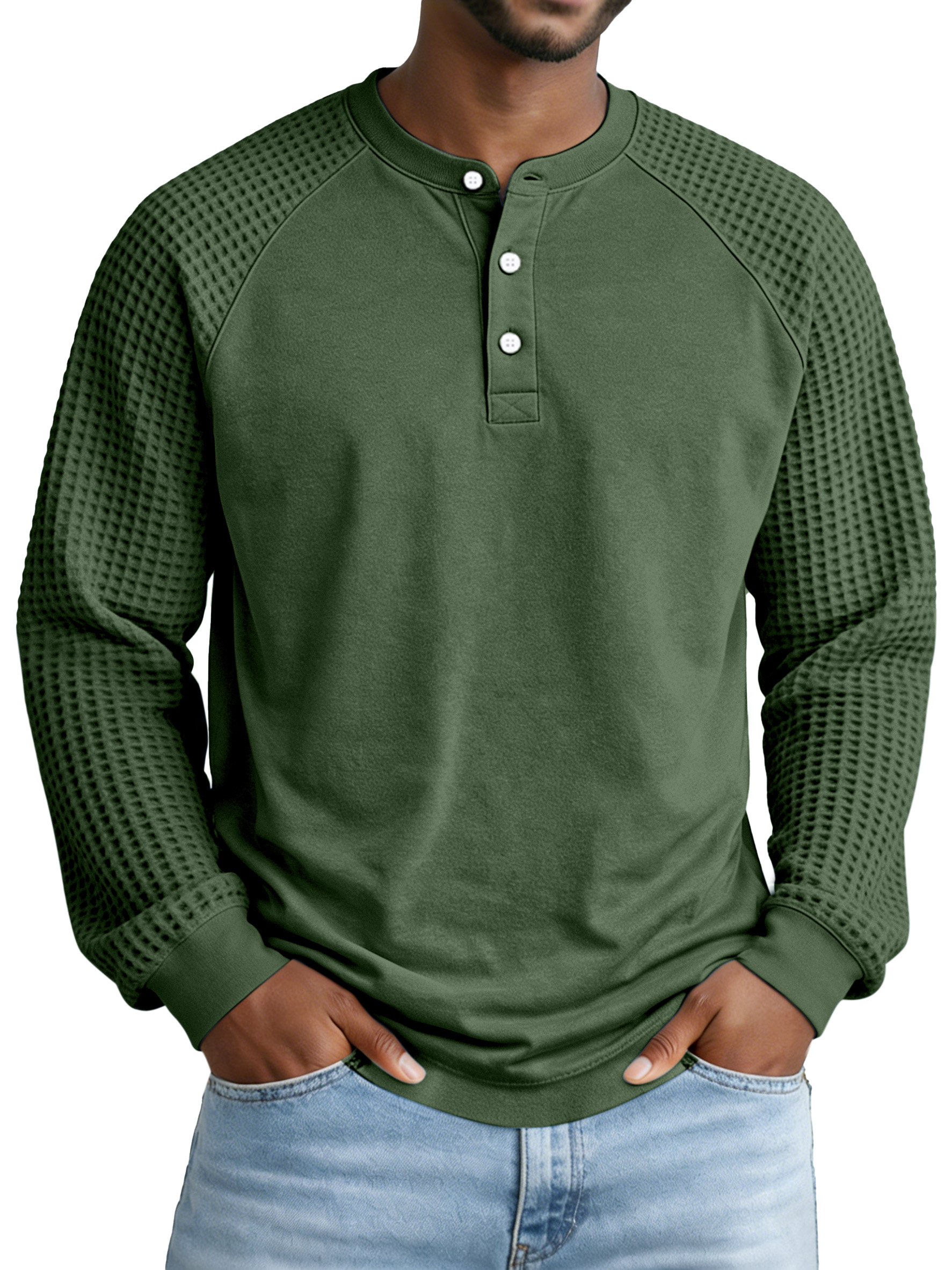 Men's Casual Simple Waffle Knit Panel Henley Collar Raglan Long-sleeve Polo Shirt