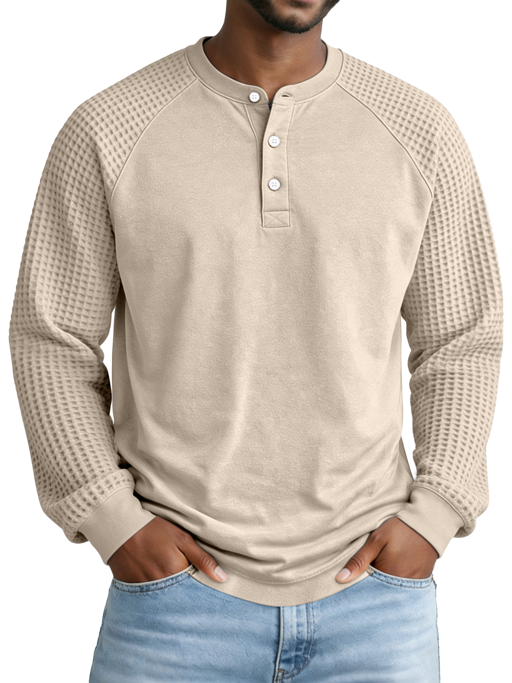 Men's Casual Simple Waffle Knit Panel Henley Collar Raglan Long-sleeve Polo Shirt
