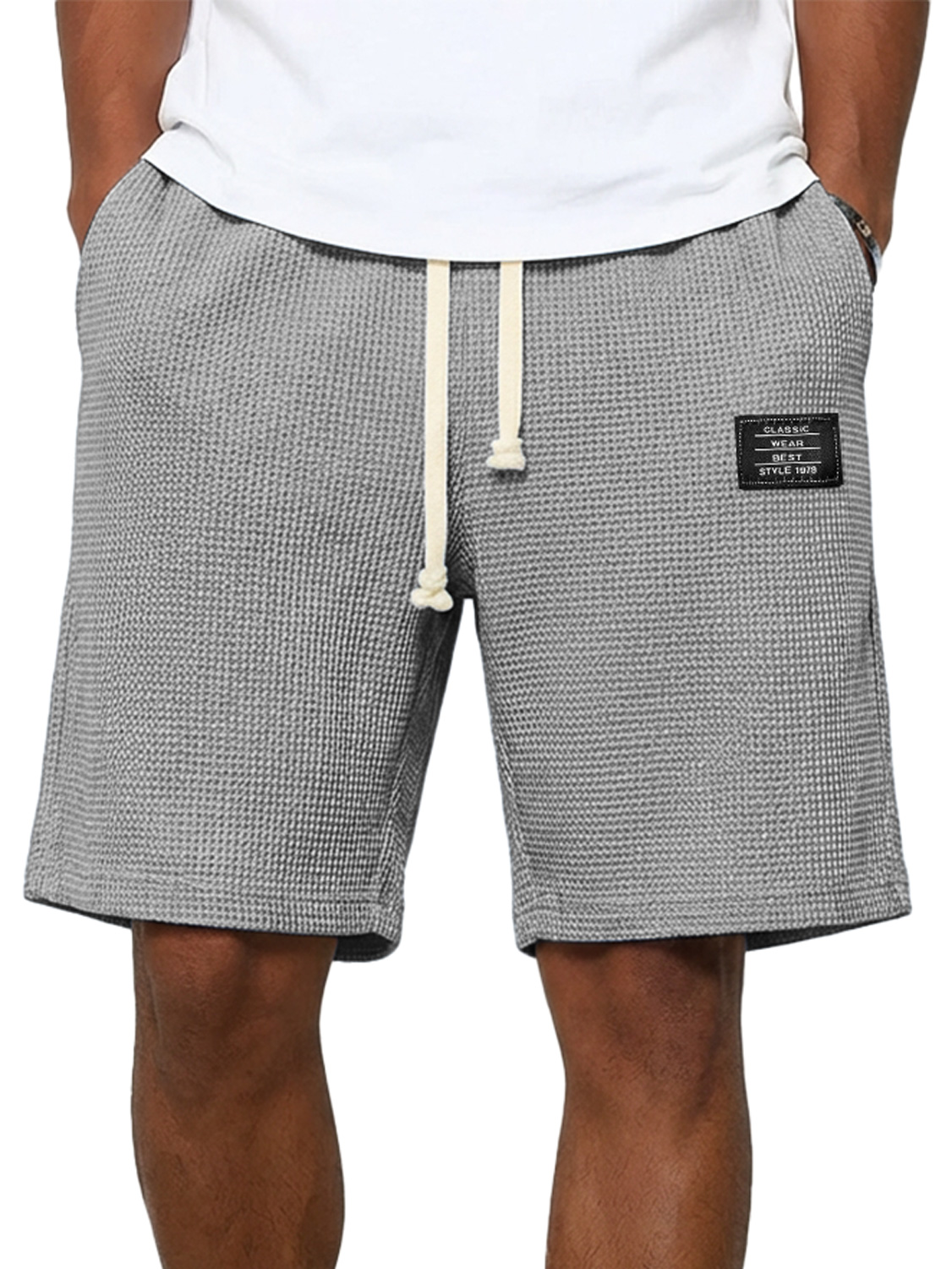 Men's Simple Waffle Embroidered Logo Casual Solid Color Shorts