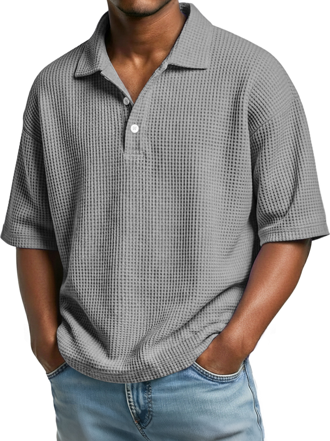 Mens Simple Waffle Knit Collar Button-Up Casual Short Sleeve Polo Shirt