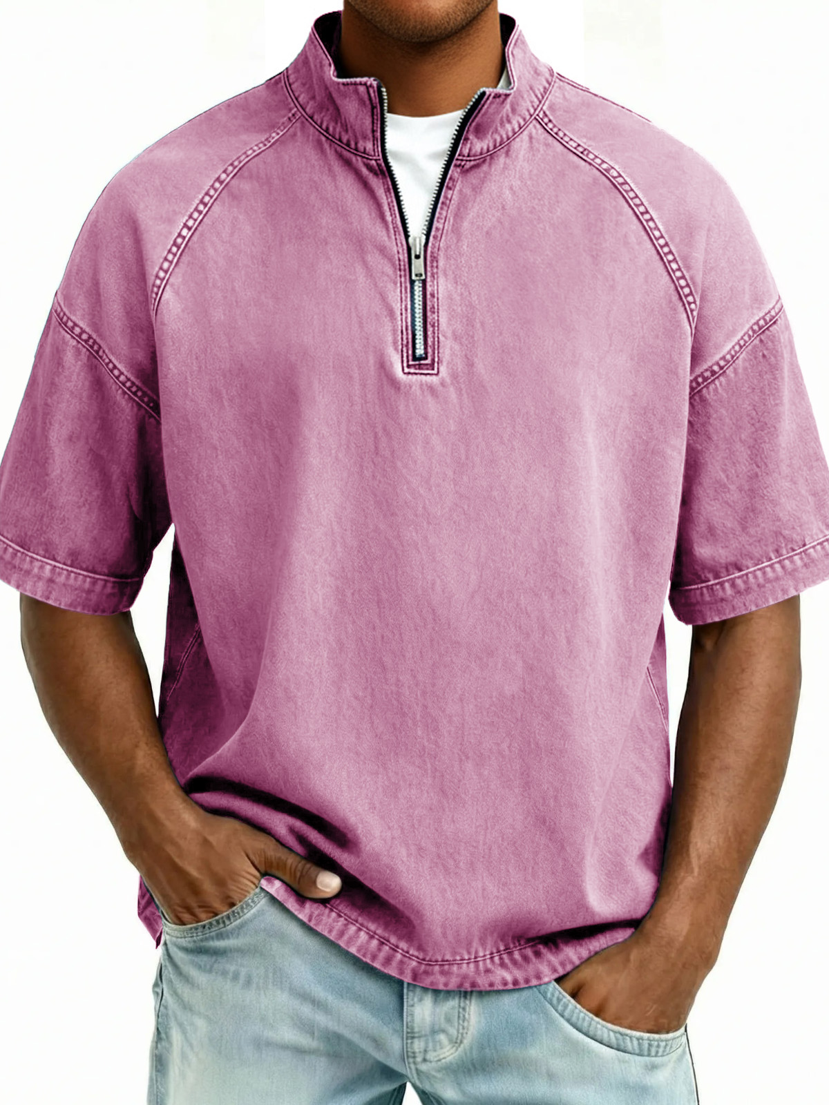 Men's Distressed Stand Collar Zipper Short-Sleeve Top