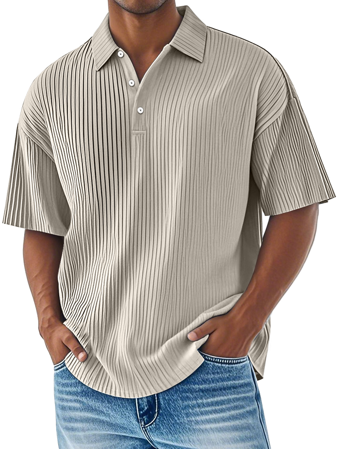 Men's Daily Ribbed Lapel Button Casual Comfortable Short-sleeved Polo Shirt