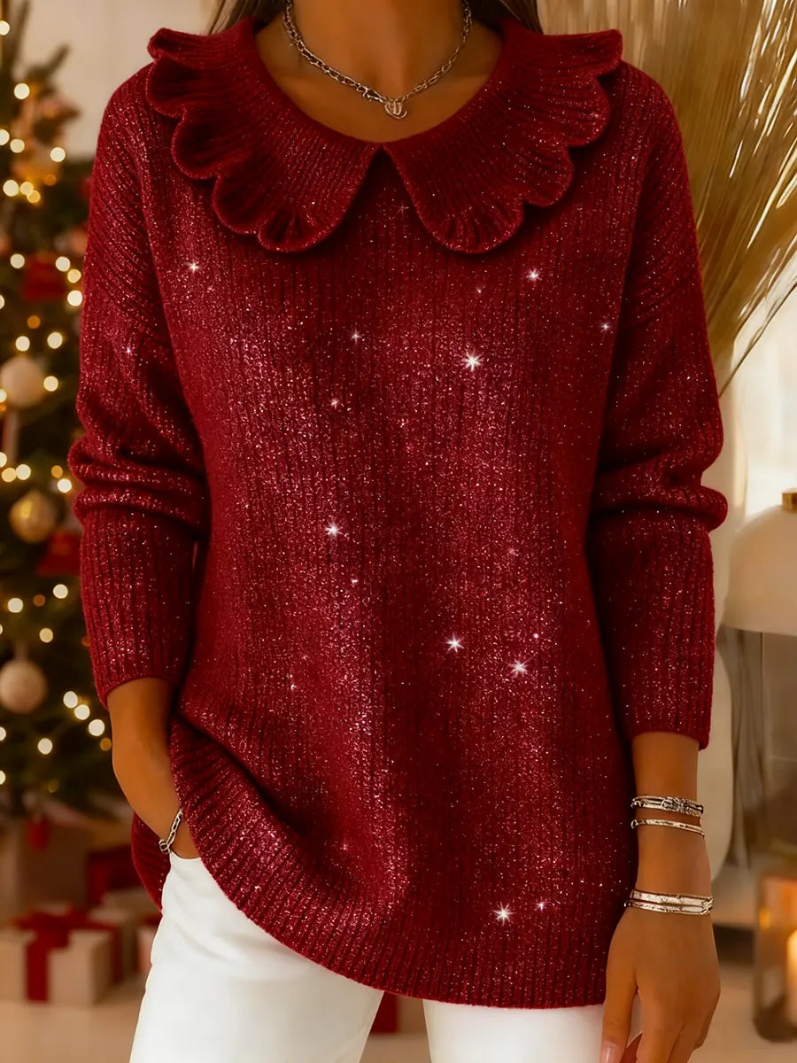 Women's Solid Color Long Sleeve Sweater with Peter Pan Collar, Loose and Casual