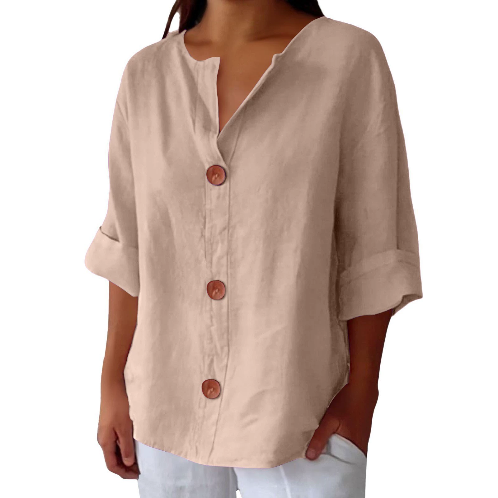 Women's V-Neck Cotton-Linen Button-Up Top