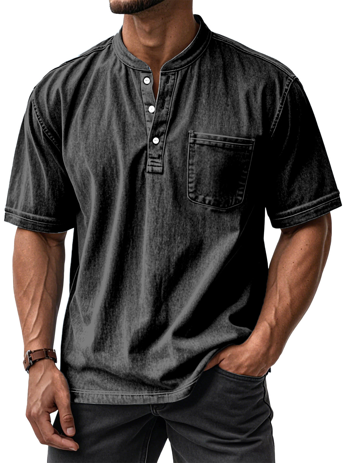 ⏰ TODAY ONLY🔥Clearance Sale!🔥 Men's Casual Solid Color Vintage Loose Pocket Short Sleeve Button-down Henley Shirt