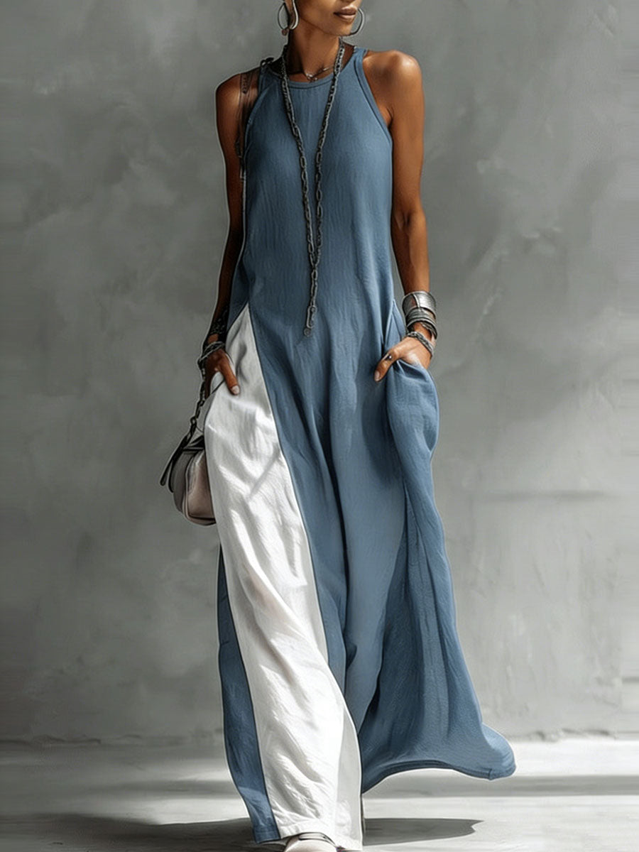 Women's Sleeveless Round Neck Loose Pocket Color-blocked Casual Off-shoulder Dress