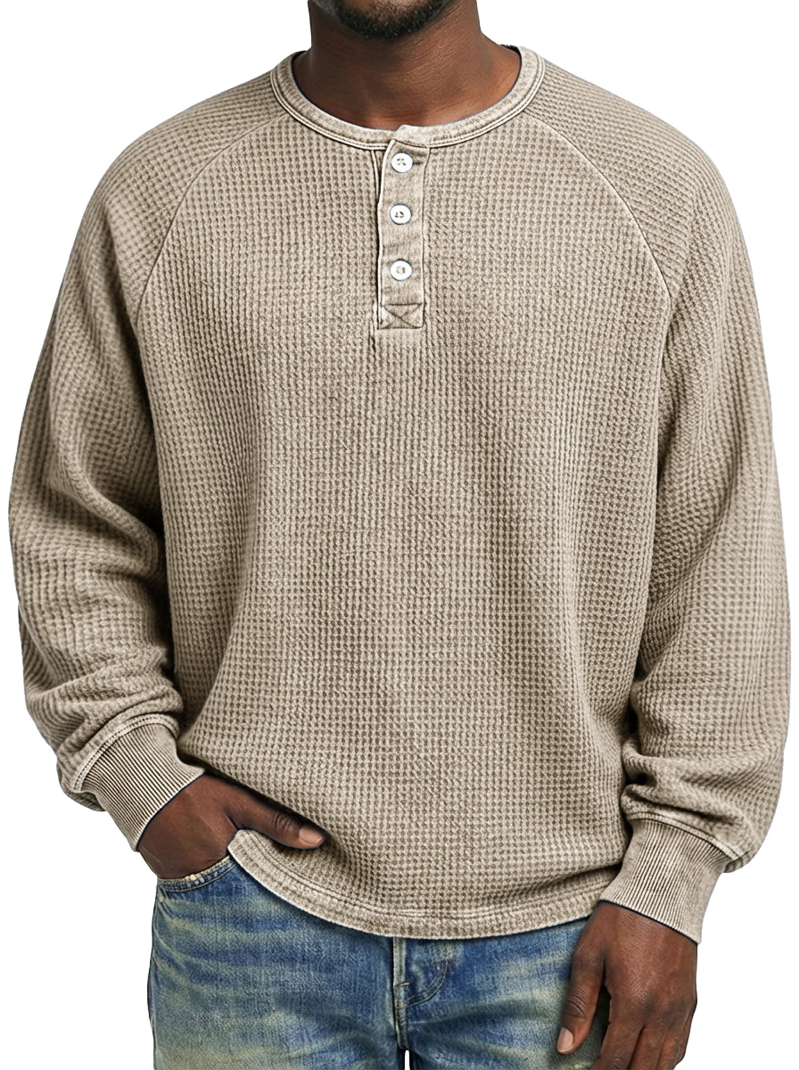 Men's Casual Raglan Sleeve Waffle Knit Comfortable Long-sleeved Henley Shirt