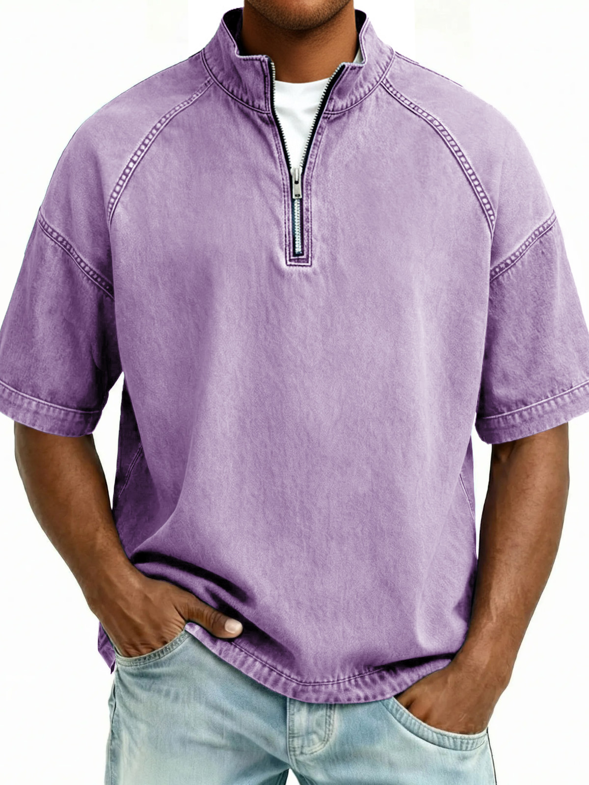 Men's Distressed Stand Collar Zipper Short-Sleeve Top