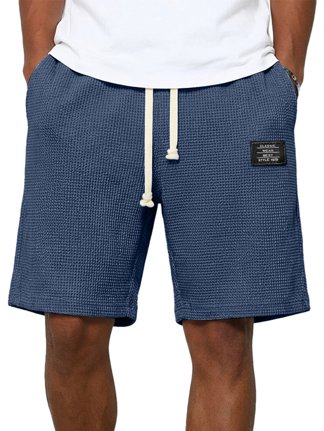 Men's Simple Waffle Embroidered Logo Casual Solid Color Shorts