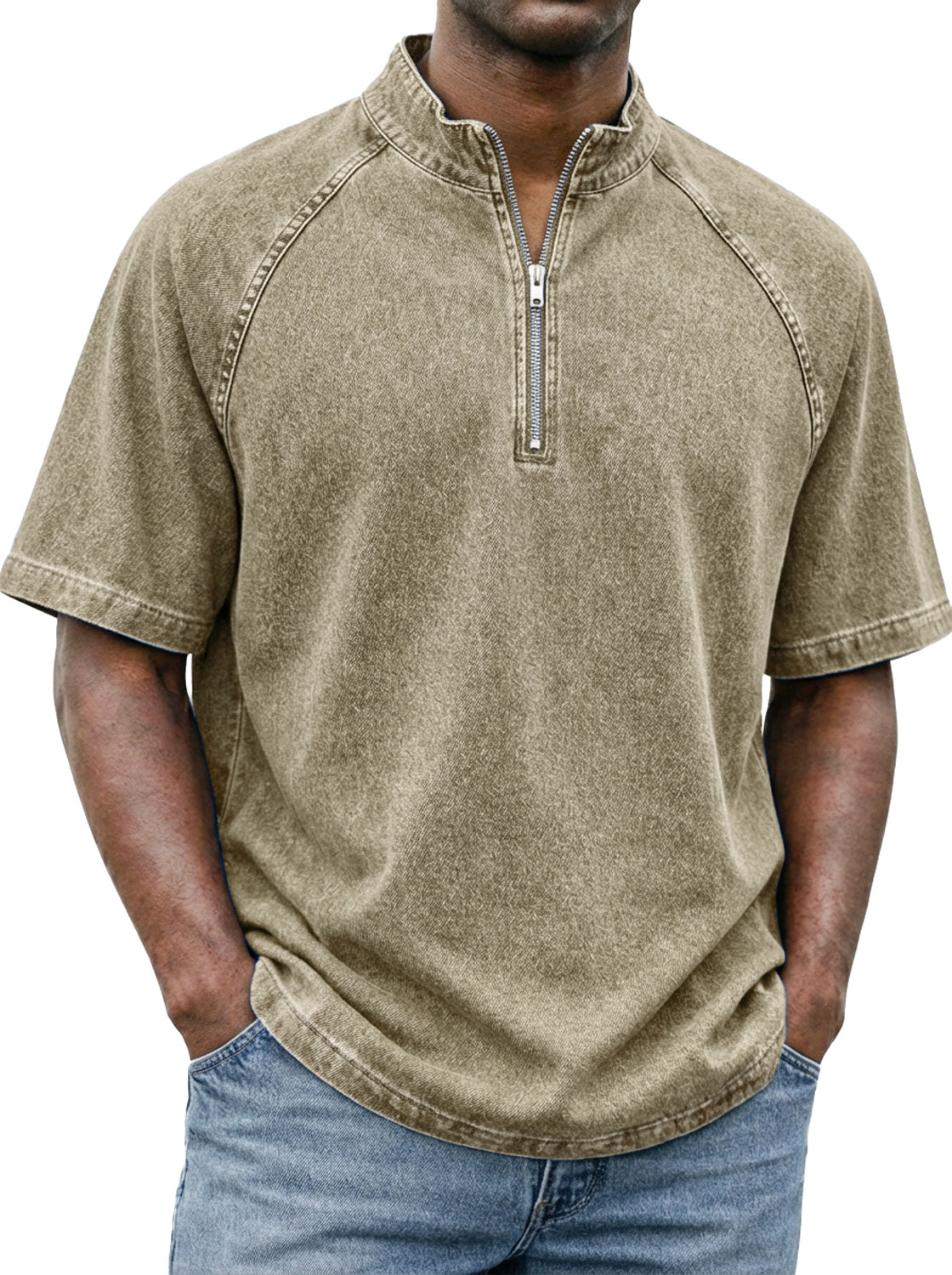 Men's Retro Raglan Sleeve Stand-collar Zip-up Casual Short-sleeved