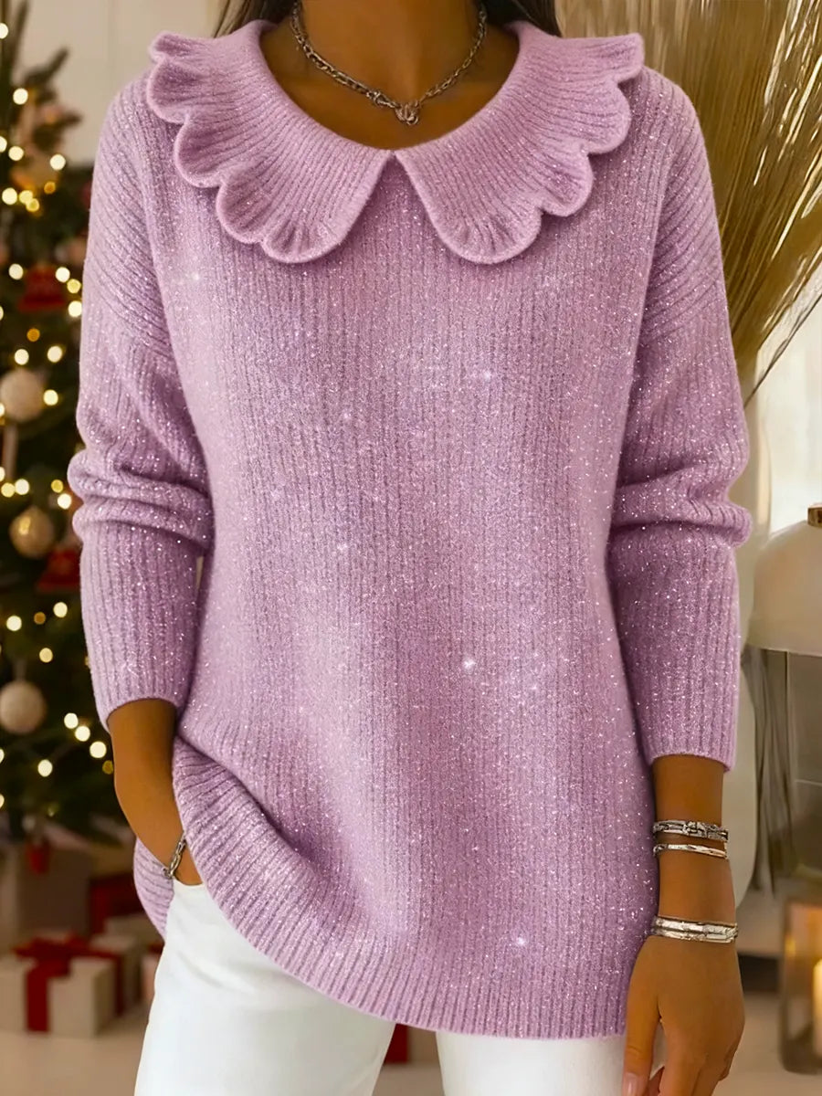 Women's Solid Color Long Sleeve Sweater with Peter Pan Collar, Loose and Casual