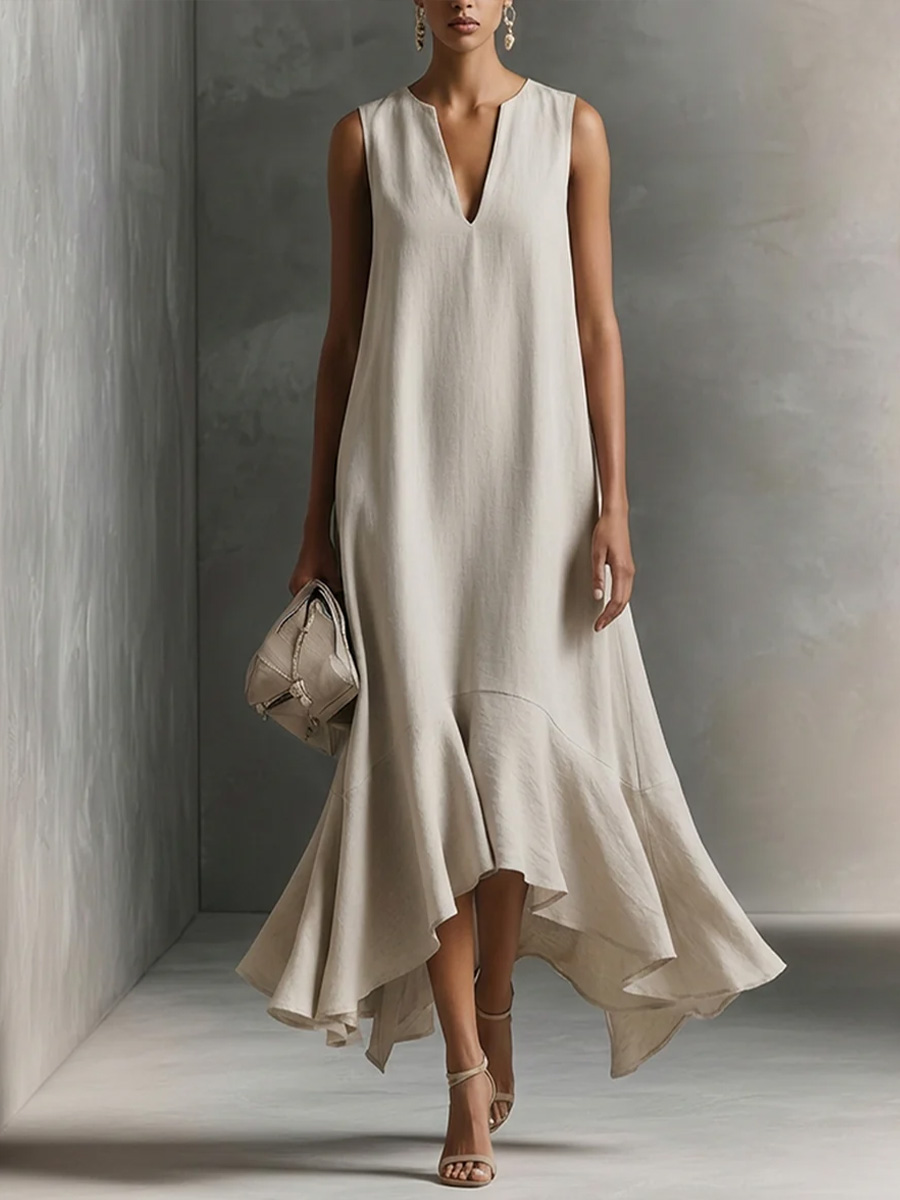 Women's V-neck Sleeveless Casual Loose Linen Dress