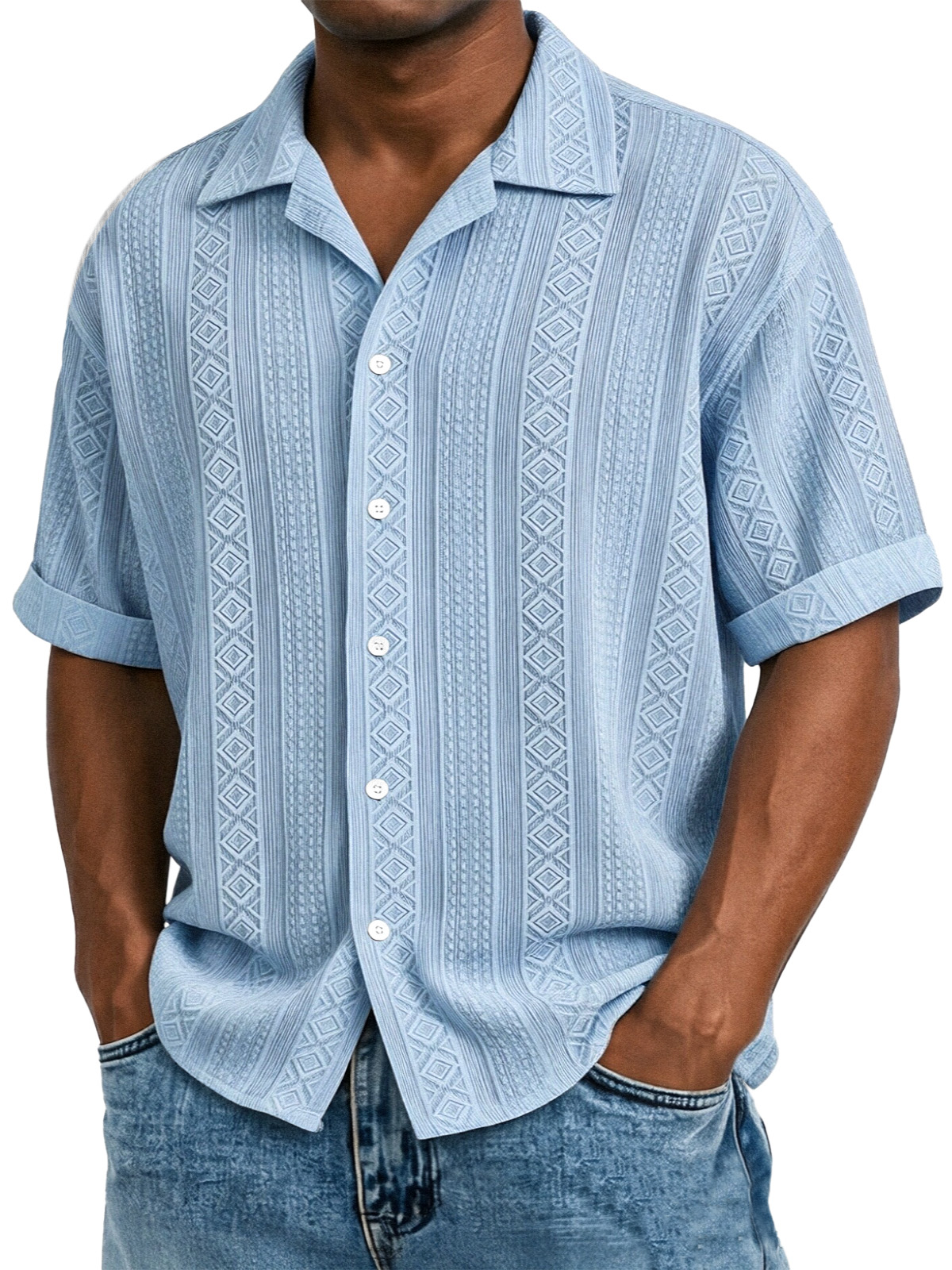 Men's Solid Color Casual Textured Lapel Short-Sleeve Shirt