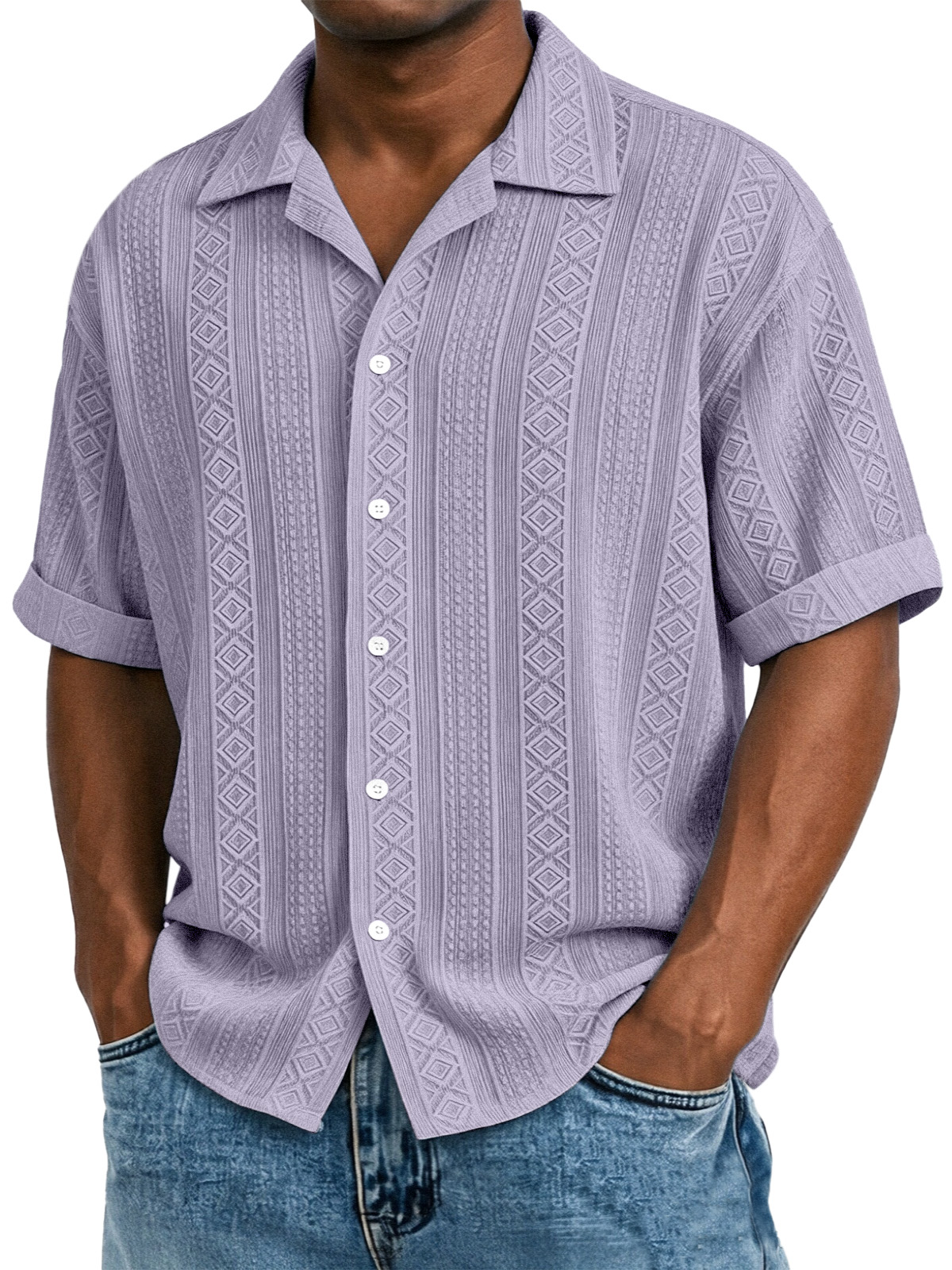 Men's Solid Color Casual Textured Lapel Short-Sleeve Shirt