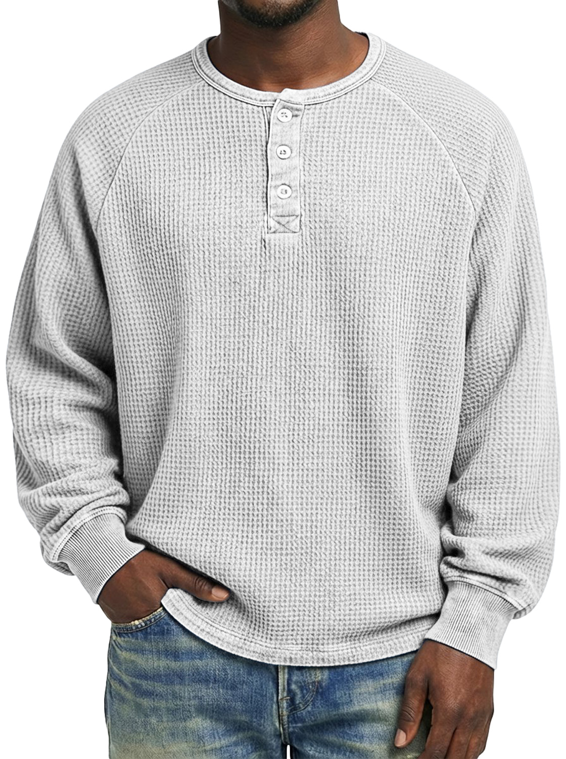 Men's Casual Raglan Sleeve Waffle Knit Comfortable Long-sleeved Henley Shirt