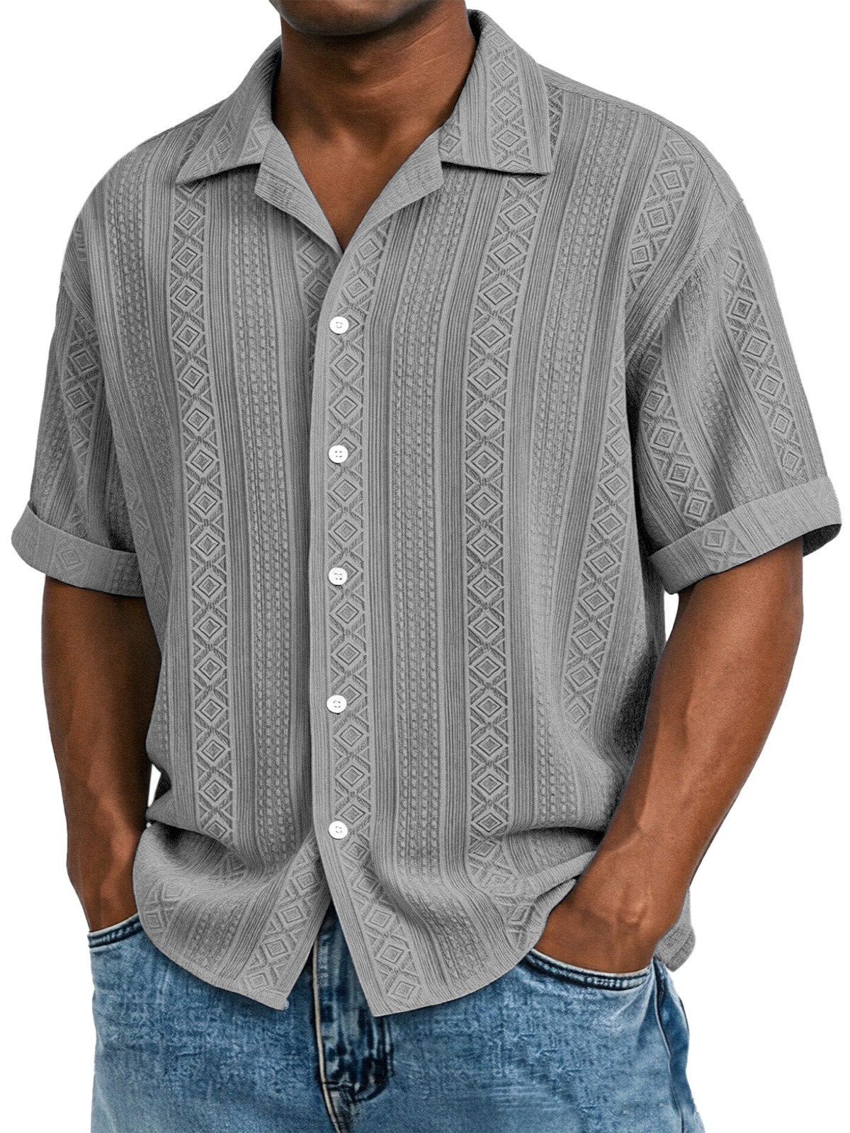 Men's Solid Color Casual Textured Lapel Short-Sleeve Shirt