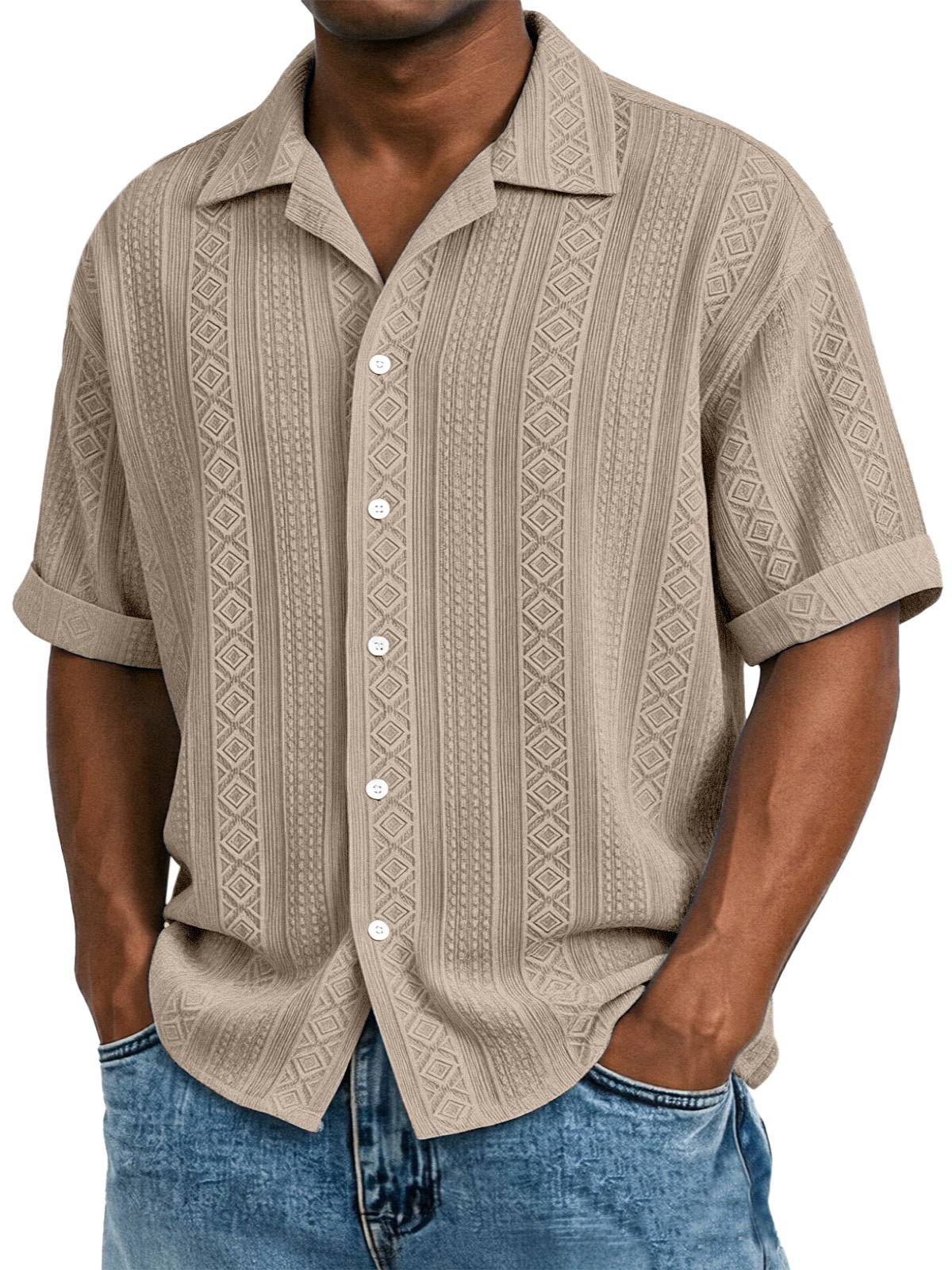 Men's Solid Color Casual Textured Lapel Short-Sleeve Shirt