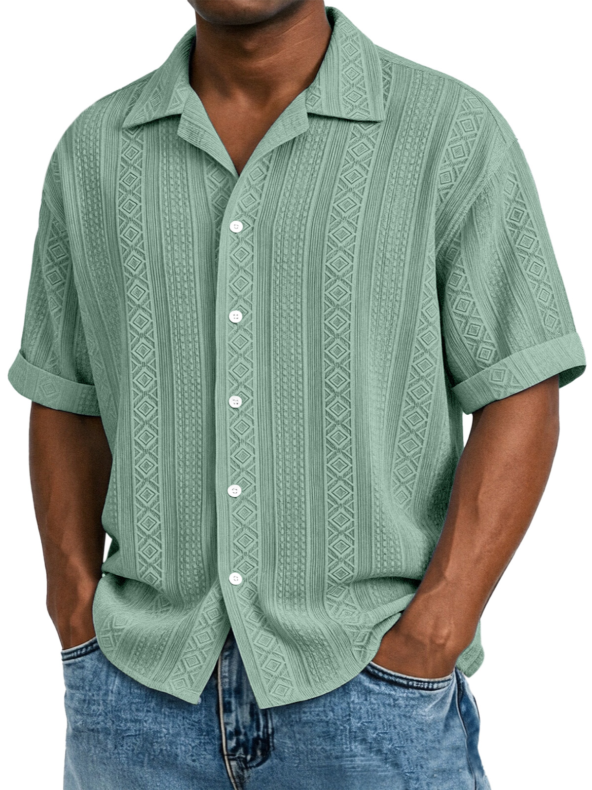 Men's Solid Color Casual Textured Lapel Short-Sleeve Shirt