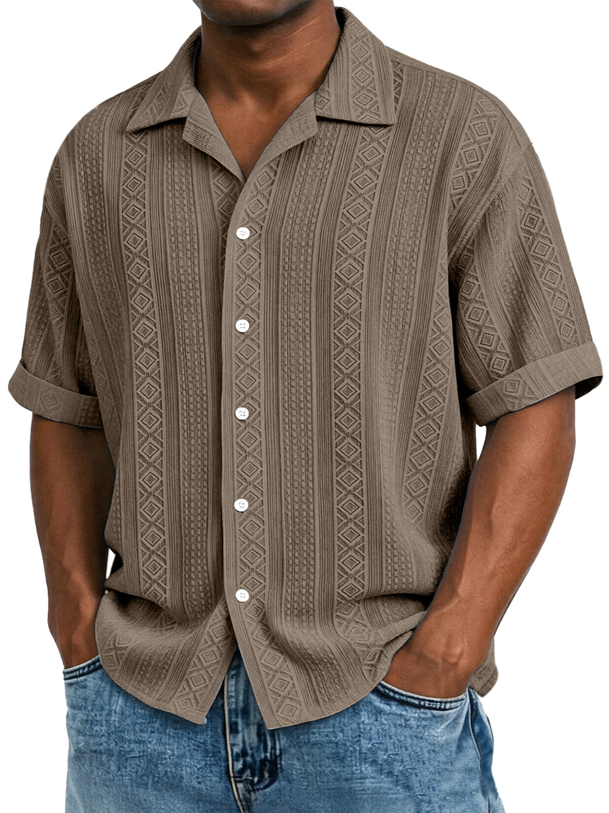 Men's Solid Color Casual Textured Lapel Short-Sleeve Shirt