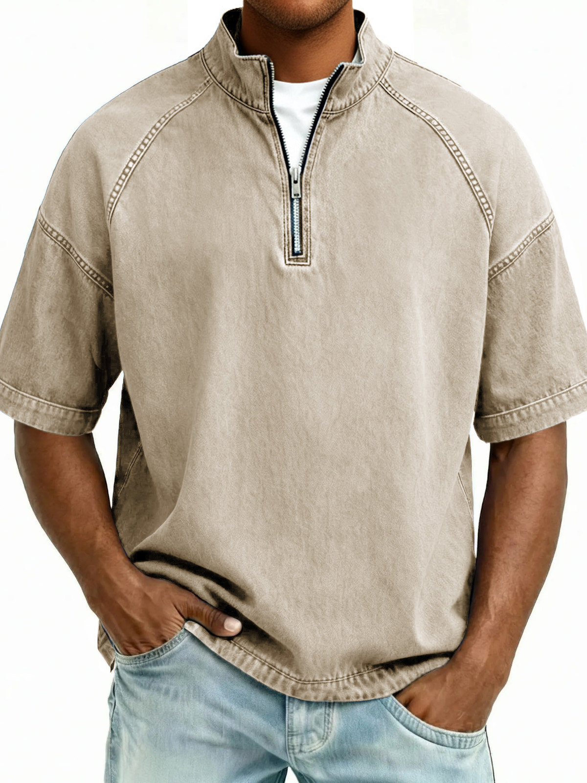 Men's Distressed Stand Collar Zipper Short-Sleeve Top