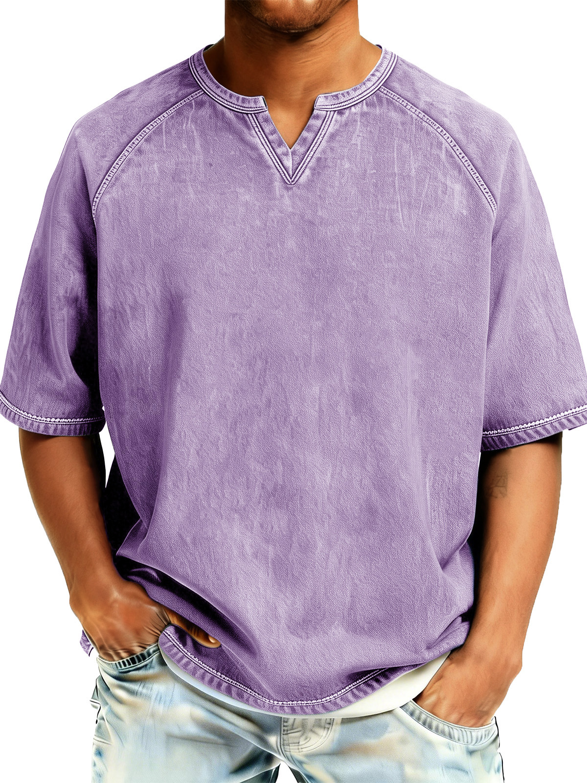 Men's Retro Distressed Raglan V-Neck Short-Sleeve T-Shirt