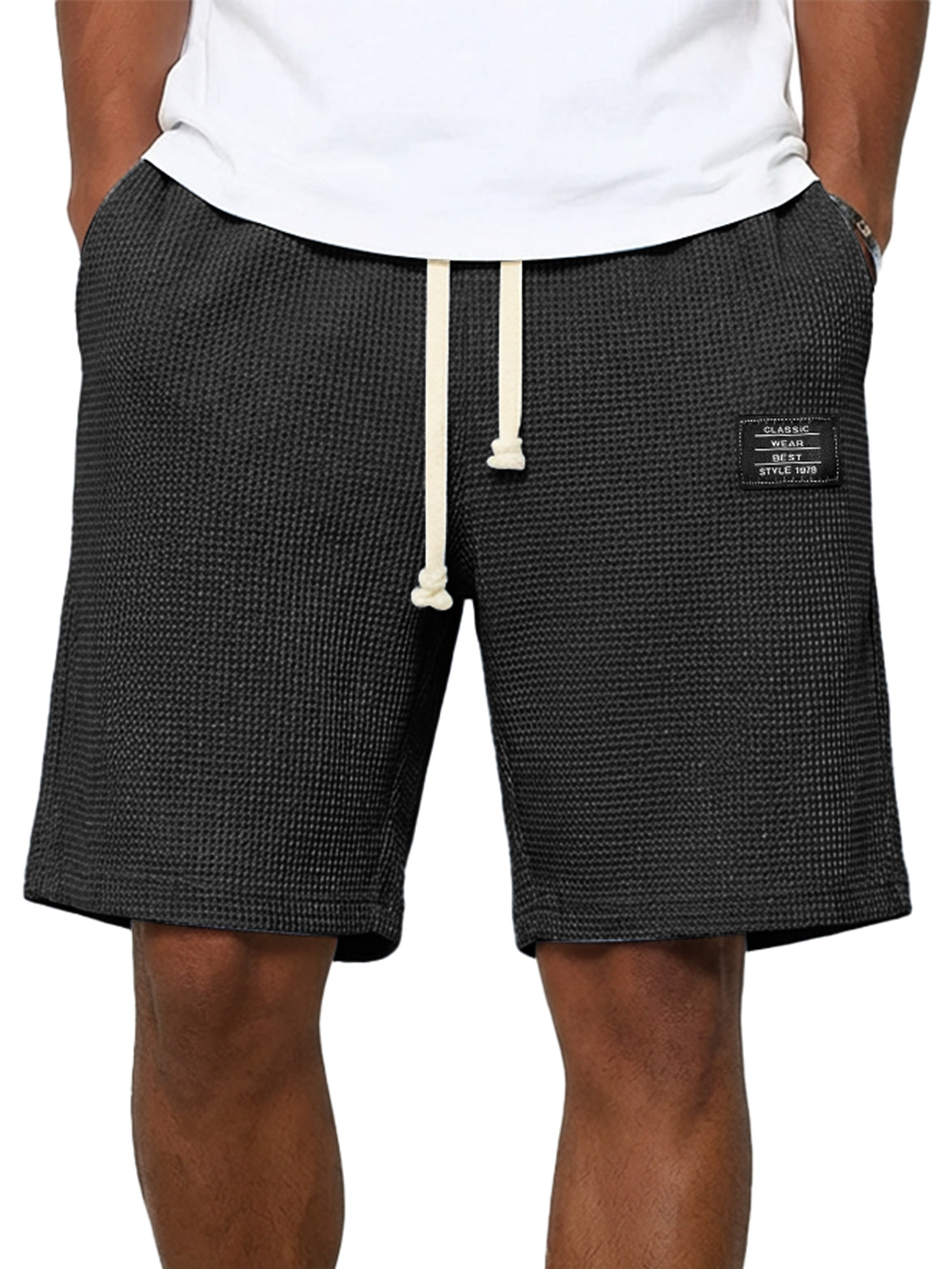 Men's Simple Waffle Embroidered Logo Casual Solid Color Shorts