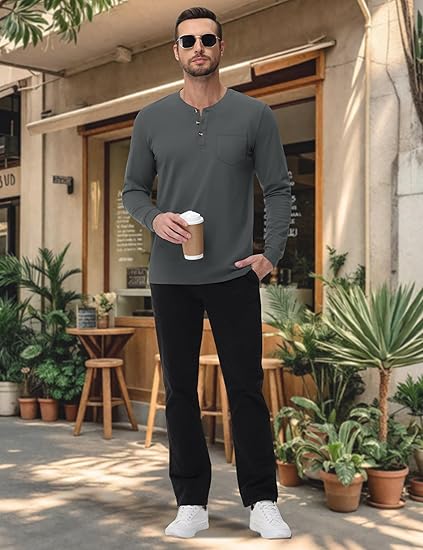 💫Clearance Sale🔥 - Men's Fashion Vintage Distressed Pocket Long Sleeve Henley Shirt