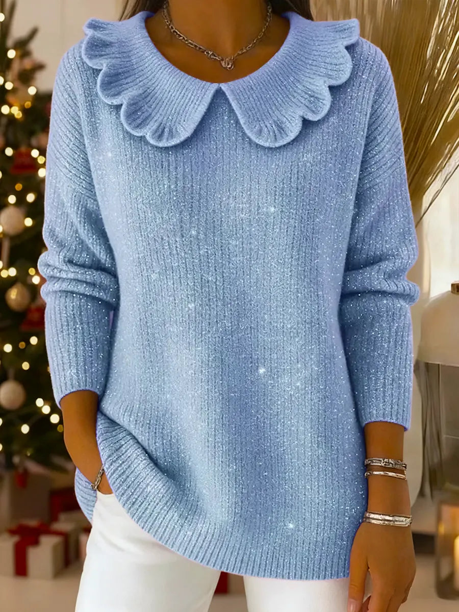 Women's Solid Color Long Sleeve Sweater with Peter Pan Collar, Loose and Casual