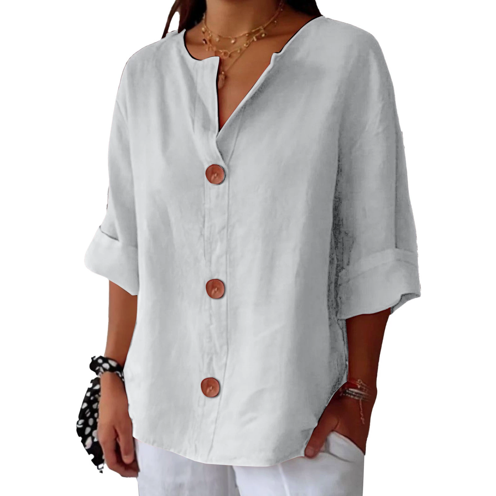 Women's V-Neck Cotton-Linen Button-Up Top