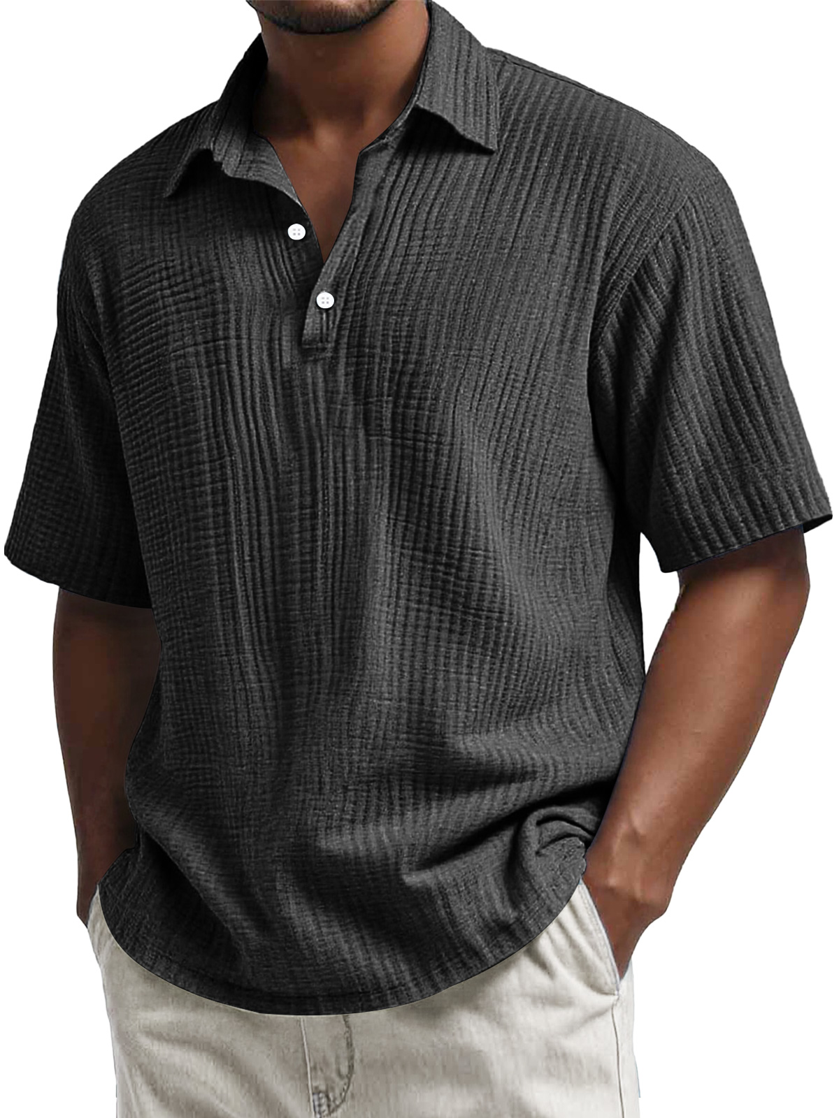 Men's Daily Pleated Texture Lapel Button Casual Short Sleeve POLO Shirt