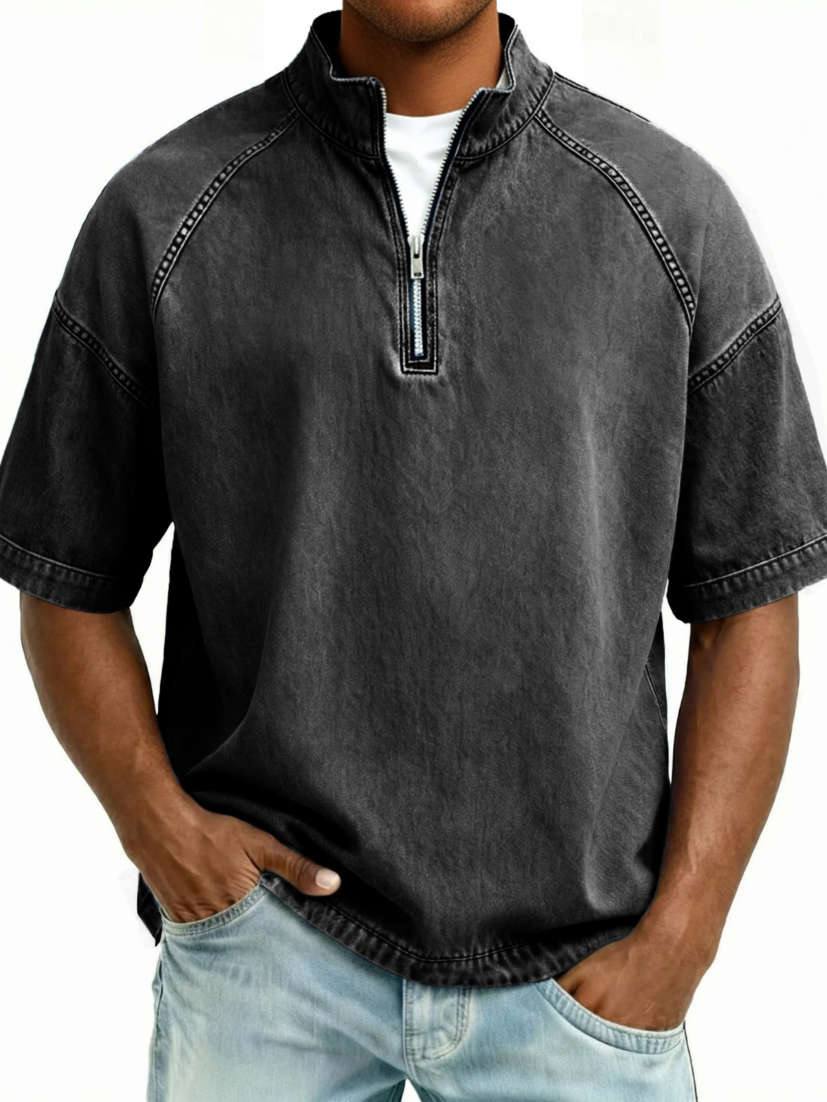 Men's Distressed Stand Collar Zipper Short-Sleeve Top