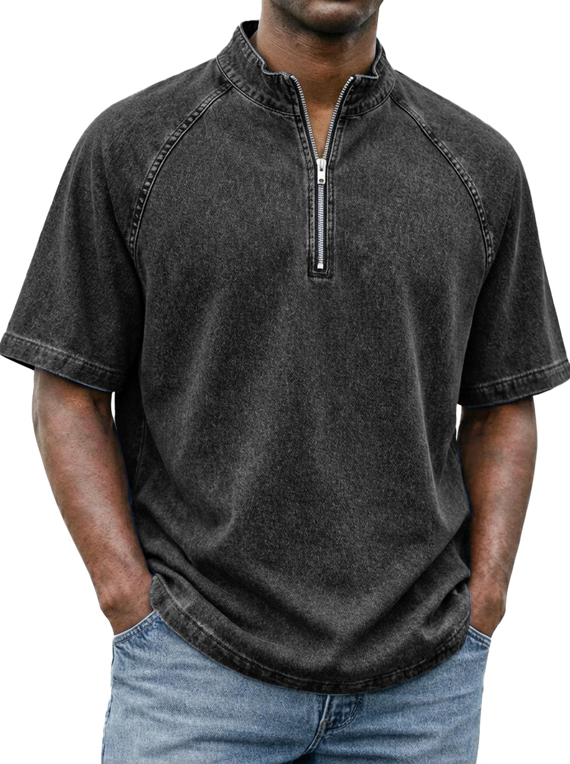 Men's Retro Raglan Sleeve Stand-collar Zip-up Casual Short-sleeved T-shirt