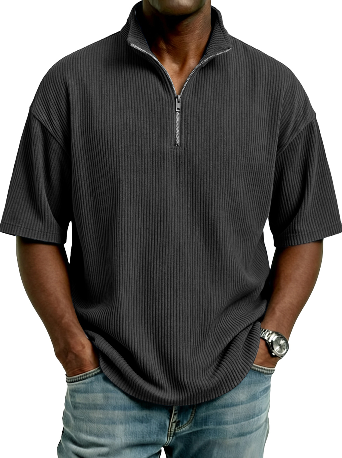 Men's Simple Corduroy Stand-collar Zip-up Casual Short-sleeved T-shirt