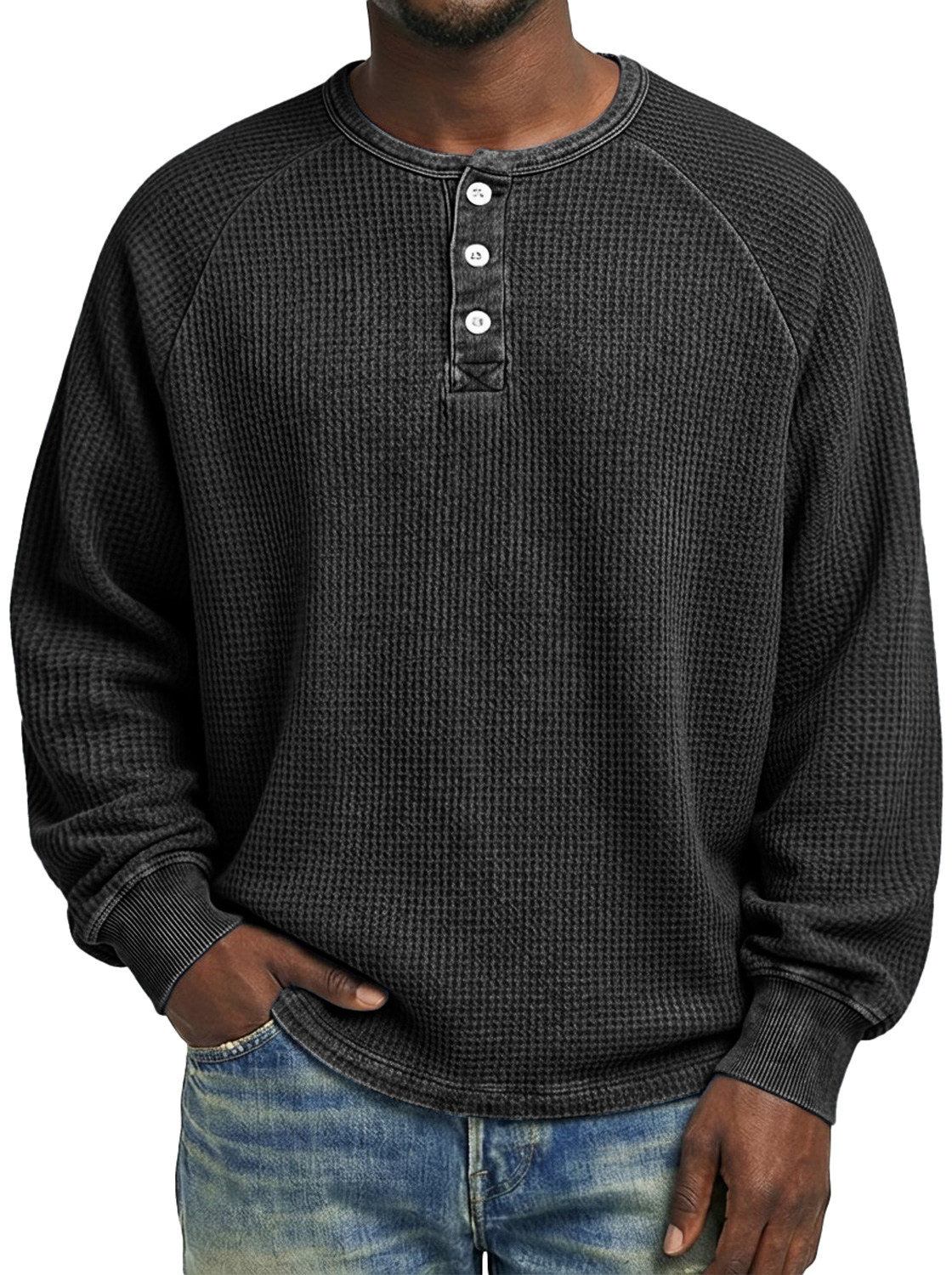 Men's Casual Raglan Sleeve Waffle Knit Comfortable Long-sleeved Henley Shirt