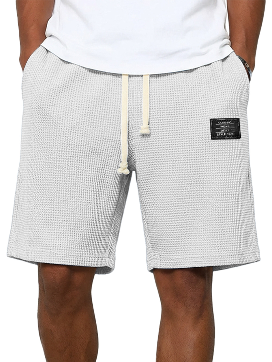 Men's Simple Waffle Embroidered Logo Casual Solid Color Shorts