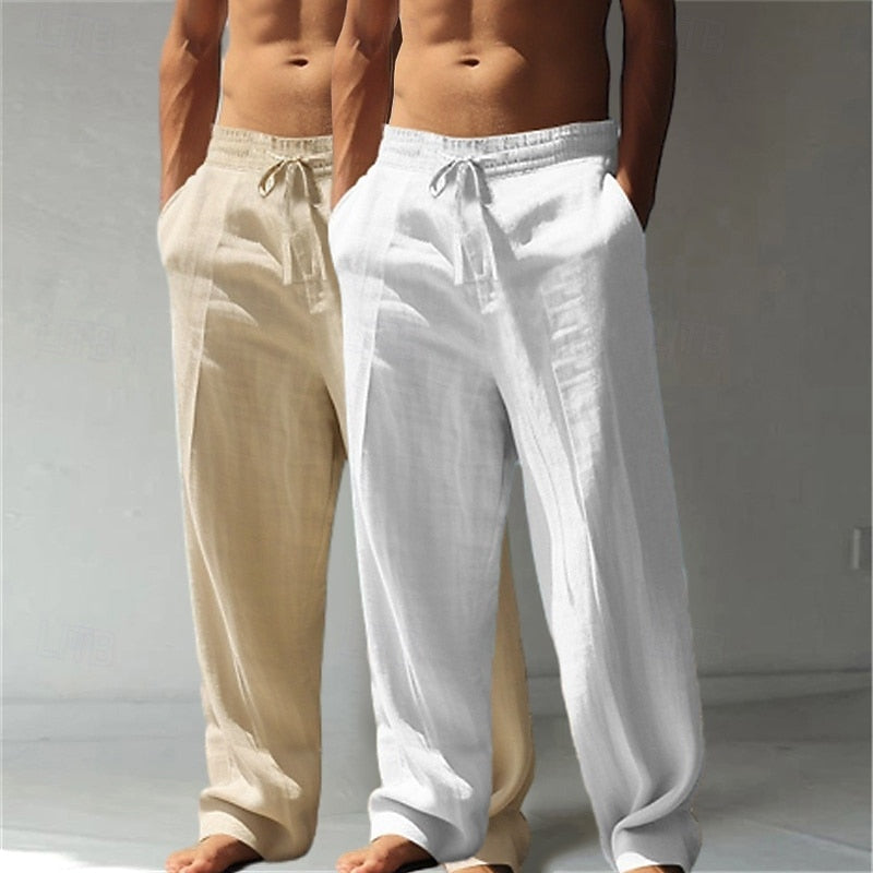 【2-Pack!!!🔥】Summer Essential: Men's Linen Beach Pants | Relaxed Baggy Fit | Elastic Drawstring | Breathable Straight Leg | Perfect for Holiday, Daily & Vacation